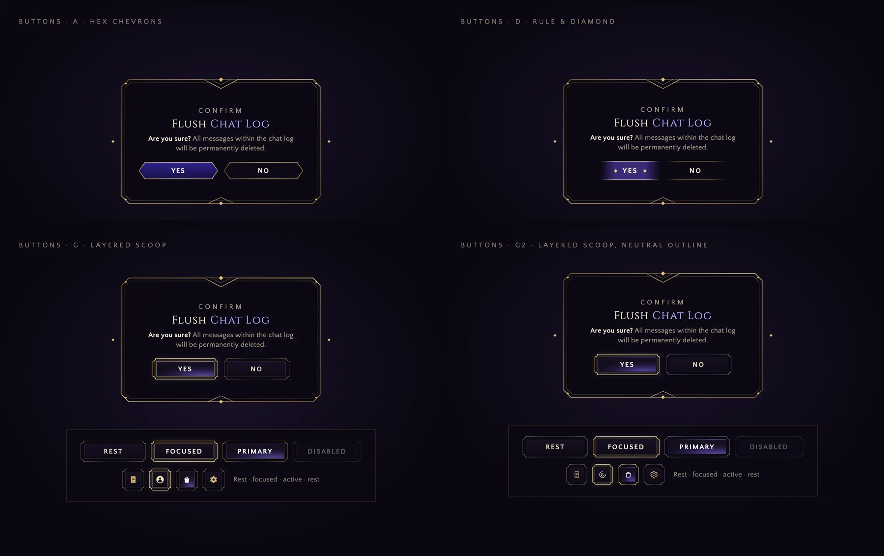 Four versions of the same confirmation dialog. A: hexagonal buttons with chevron ends. D: text between thin rules with small diamonds. G: buttons with scooped corners and a gold metal outline, shown with rest, focused, primary and disabled states. G2: the same scoop with a neutral outline.