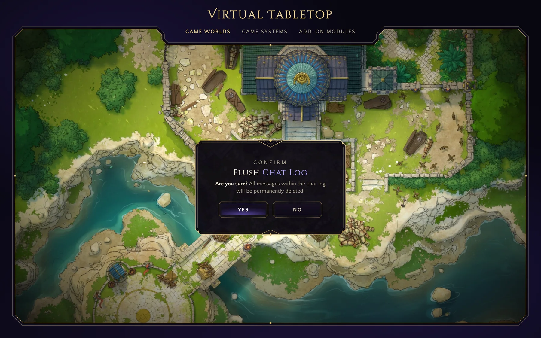 The frame closed over a battle map, with a confirmation dialog in the middle. The gold border steps down around the navigation and every corner is chamfered.