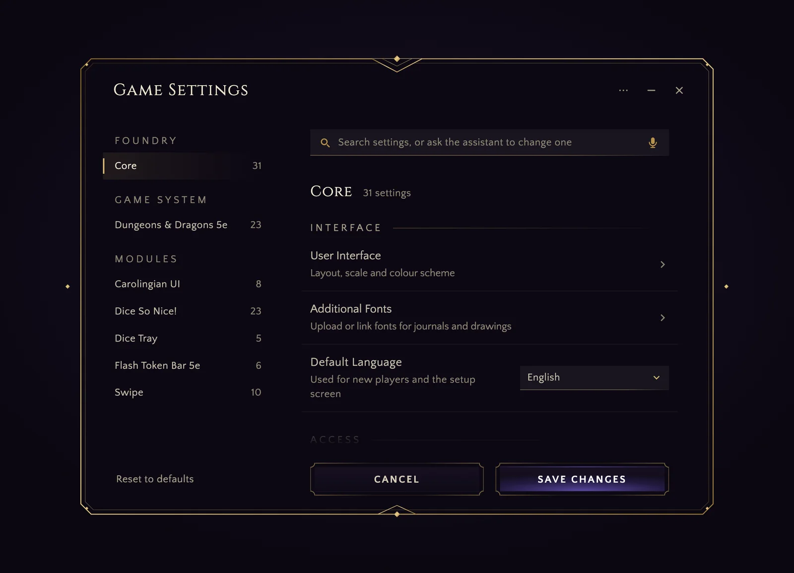 The settings window, calmer layout. The search field reads "Search settings, or ask the assistant to change one" and has a microphone icon.