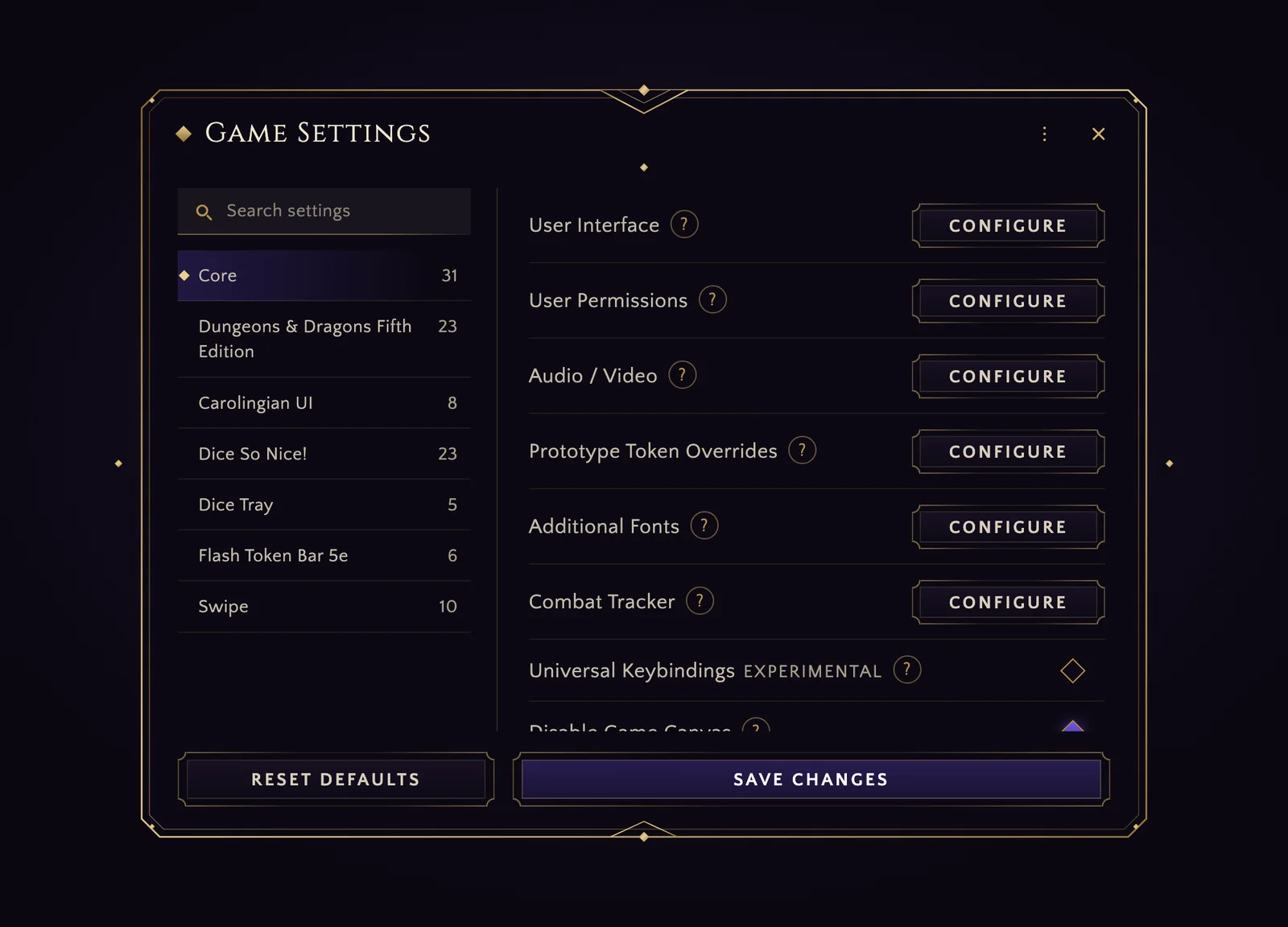 The settings window, first pass. A category list on the left, a search field and a list of settings on the right, in the Deco frame with G buttons at the bottom.