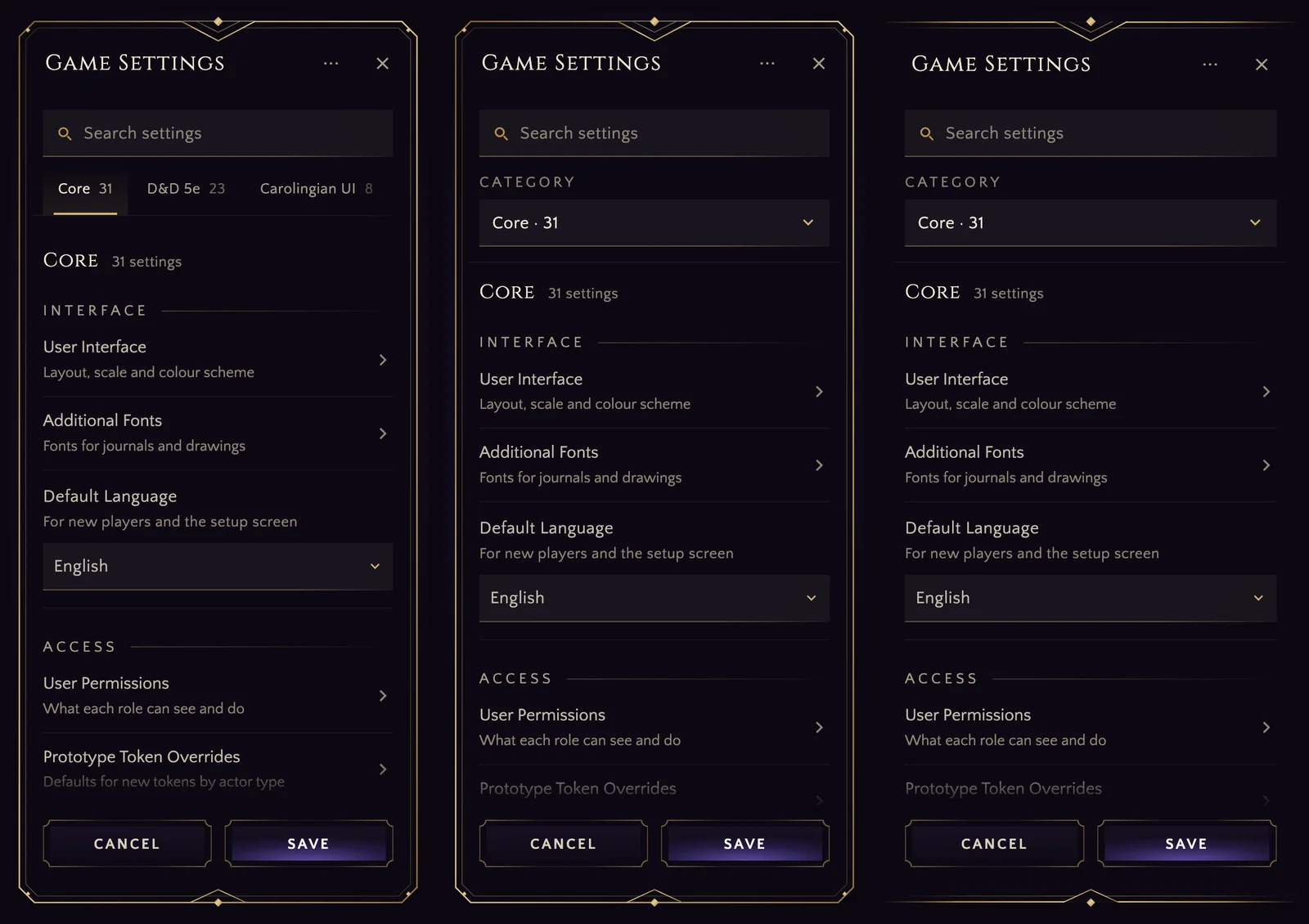 Three phone-sized versions of the settings window side by side: one with scrolling category tabs, one with a category select, and one with metal bars at the top and bottom.
